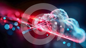 Abstract digital cloud made of glowing red and blue network connections, symbolizing fast data processing and cloud