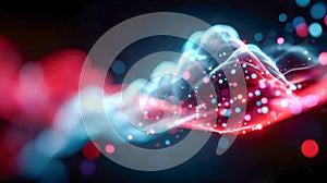 Abstract digital cloud made of glowing red and blue network connections, symbolizing fast data processing and cloud