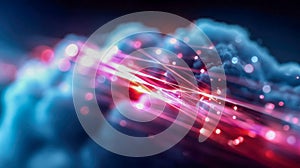 Abstract digital cloud made of glowing red and blue network connections, symbolizing fast data processing and cloud