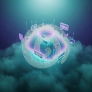 Abstract Digital Cloud Network with Glowing Data Streams and