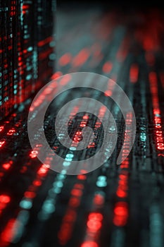 Abstract Digital Code Background with Red and Teal Glowing Lines