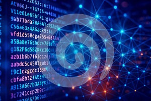 Abstract digital code with glowing blue network connections and data points programming