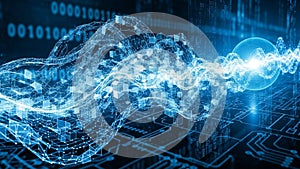 Abstract digital network with glowing blue data streams and binary code