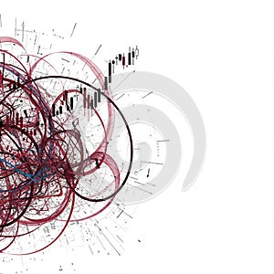 An abstract digital composition featuring a complex array of red and dark circular