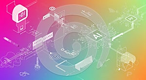 Abstract digital composition featuring interconnected technological elements on a