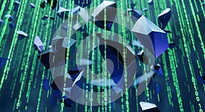 Abstract Digital Matrix of Falling Geometric Shapes and Binary Code