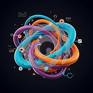 Abstract digital composition with intertwined orange, blue, and purple tubular