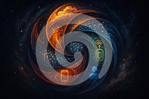 An abstract digital composition representing interconnected concepts like cloud sensors users data and edge computing in swirling