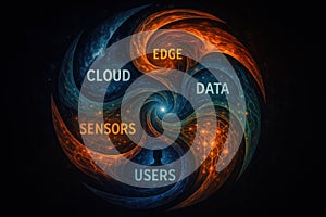 An abstract digital composition representing interconnected concepts like cloud sensors users data and edge computing in swirling