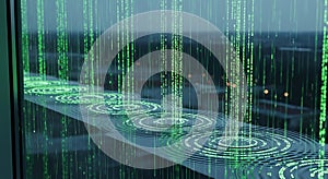 Matrix Code Rain Falling into Water, Creating Ripples, Digital Data Stream