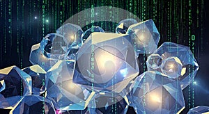 Abstract Digital Crystals with Falling Binary Code, Futuristic Data Concept