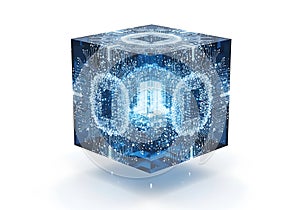 Abstract digital cube with glowing binary code isolated on white background