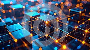 Abstract digital cubes connected by glowing lines, representing data flow and technology.