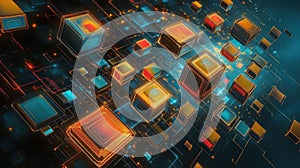 Abstract digital cubes in vibrant colors, representing technology and data visualization