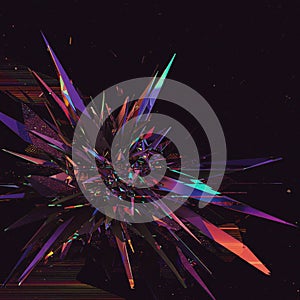 Abstract, digital 3D rendering of a vibrant crystal-like structure with sharp, angular