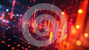 Abstract digital data displaying glowing red bars and network connections