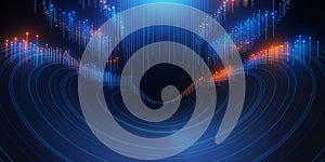 Abstract digital data flow with blue and orange glowing particles technology network