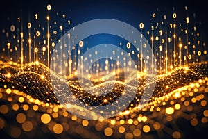 Abstract Digital Data Flow with Glowing Binary Code and Network Grid