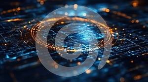 Abstract digital data flow, glowing orange and blue circular pattern on dark background