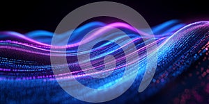 Abstract Digital Data Flow Illustration with Glowing Neon Light Trails in a High-Tech Environment