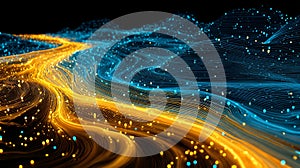 Golden and blue neon lines forming glowing futuristic abstract ai background