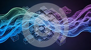 Abstract digital data flow with translucent cubes in gradient blue and purple tones