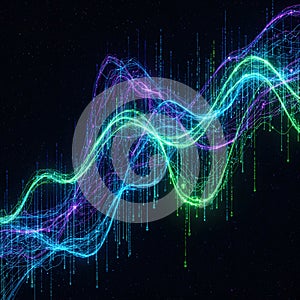 Abstract Digital Data Flow with Vibrant Wavy Lines and Binary Code on a Dark Background for Big Data, AI, and Network