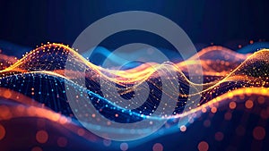 Abstract digital data flow visualization with glowing waves and connected dots.