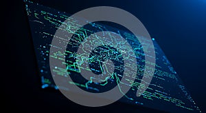 Abstract digital data network with glowing code and lines visualization