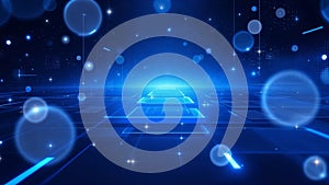Abstract digital data processing with glowing lines and circles on a blue background