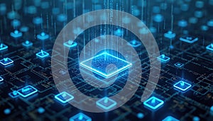 Abstract digital data storage concept. Glowing square, data transfer, cyberspace, information flow visualization. Binary code