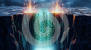 Abstract digital data stream with binary code flowing between futuristic structures