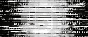 Abstract digital data stream with binary code and glitch effects in monochrome