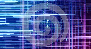 Abstract digital data stream with binary code and glowing light streaks in blue and purple