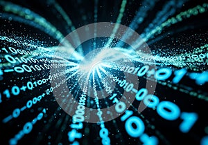 Abstract Digital Data Stream with Binary Code and Glowing Particles