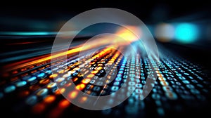 Abstract digital data stream with binary code and light trails in motion blur