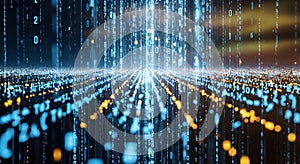Abstract digital data stream with binary code numbers and glowing particles representing modern