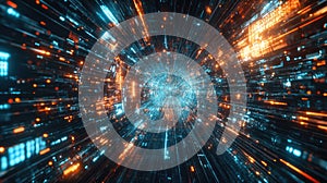 Abstract Digital Data Stream With Blue And Orange Light Trails. Tech, Networking Or Science Backdrop