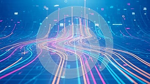 Abstract digital data stream with colorful light trails and binary code pattern