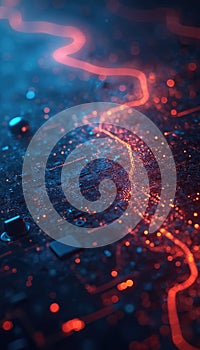 Abstract digital data stream in cyberspace. Futuristic view of computer circuit board with bright light trails, binary code,