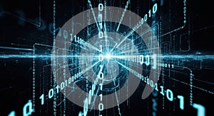 Abstract digital data stream with glowing binary code flowing through space