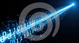 Abstract digital data stream with glowing blue binary code flowing forward