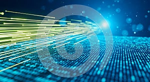 Abstract digital data stream with glowing lines and binary code pattern