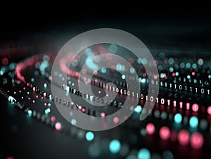 Abstract Digital Data Stream with Glowing Pink and Teal Particles