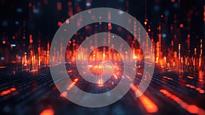 Abstract Digital Network Background with Glowing Orange Data Streams and Binary Code