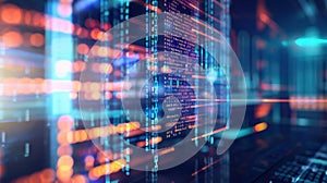 Abstract digital data streams with glowing lines and binary code. The scene represents technology, data processing, and