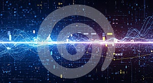 Abstract digital data streams and graphs on dark blue background, science and technology concept