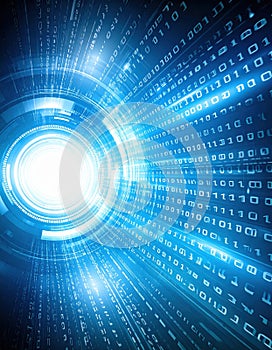 Abstract digital data tunnel with binary code and bright glowing light
