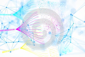 Abstract digital data visualization with binary code and network connections. 3D Rendering