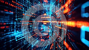 Abstract digital data visualization in blue and red tones